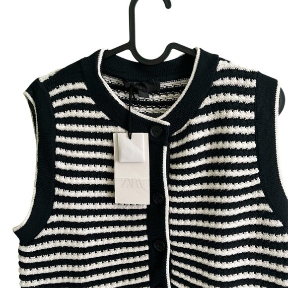 Zara Striped Knit Vest Top Black/White Size Large | Sleeveless Button Front - Picture 5 of 9